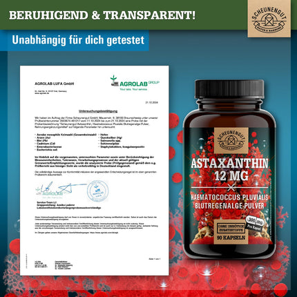 Astaxanthin 12mg -IMPORTANT: Oxidation-free due to esterified structure -Direct source from France (no Chinese goods)- Certified Astaxanthin high dosage -DE- SCHEUNENGUT®