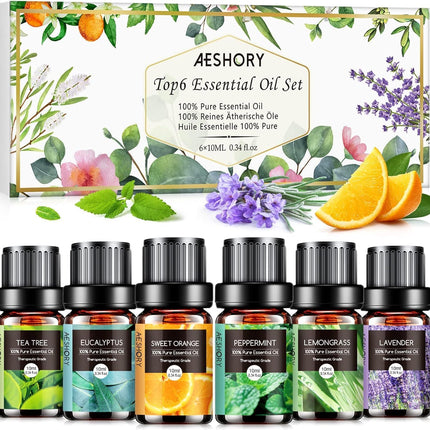 AESHORY Essential Oils Set for Diffuser 6 x 10ML, 100% Pure Aromatherapy Fragrance Oil, Aroma Oil Gift Set for Soap, Candles, Humidifier, SPA - Lavender, Mint, Tea Tree, Sweet Orange, Eucalyptus