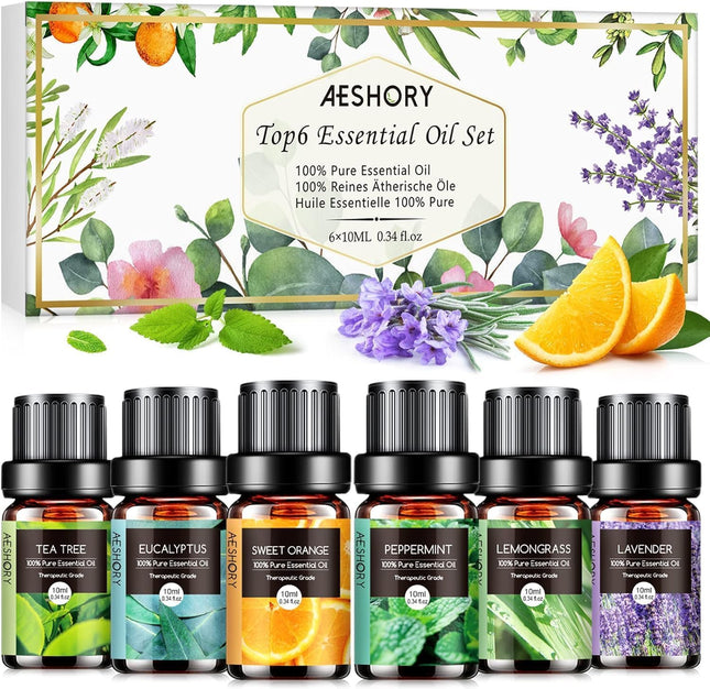 AESHORY Essential Oils Set for Diffuser 6 x 10ML, 100% Pure Aromatherapy Fragrance Oil, Aroma Oil Gift Set for Soap, Candles, Humidifier, SPA - Lavender, Mint, Tea Tree, Sweet Orange, Eucalyptus