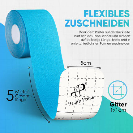 Health Press® Kinesiotapes - 2 Kinesiology Tape Rolls Blue + Black (5cm x 5m) Kinesiotape - Professional Physio Tape and Sports Tape - Skin-friendly Tapes DERMATEST: VERY GOOD