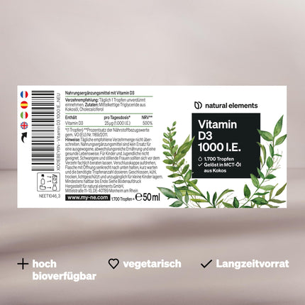 Vitamin D3 Drops – 1000 IU per daily dose (1 drop) – Long-term supply with 50 ml – dissolved in MCT coconut oil for best bioavailability – liquid, high-dose, vegetarian