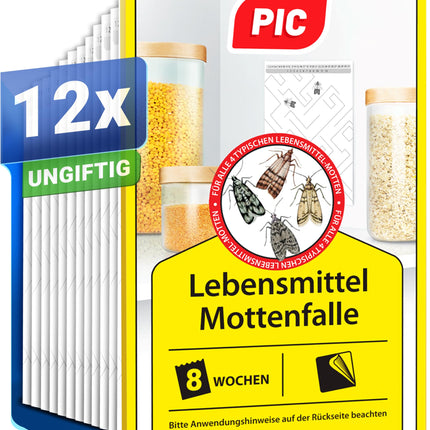 PIC Food Moth Trap - 12 Food Moth Traps - Moth Trap with Pheromone for Ideal Effect - Moth Trap Food - Effective Sticky Traps for Detecting Food Moth Infestations