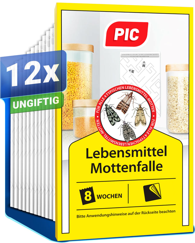 PIC Food Moth Trap - 12 Food Moth Traps - Moth Trap with Pheromone for Ideal Effect - Moth Trap Food - Effective Sticky Traps for Detecting Food Moth Infestations