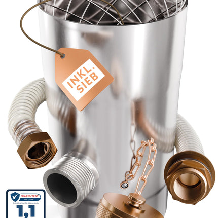 Rainwater collector with strainer for 100mm downpipes | increased yield | stainless steel | long 0.5m hose + barrel connection | downpipe rainwater collector | rainwater collector for 100mm downpipes, rain barrels - Drei Eichen