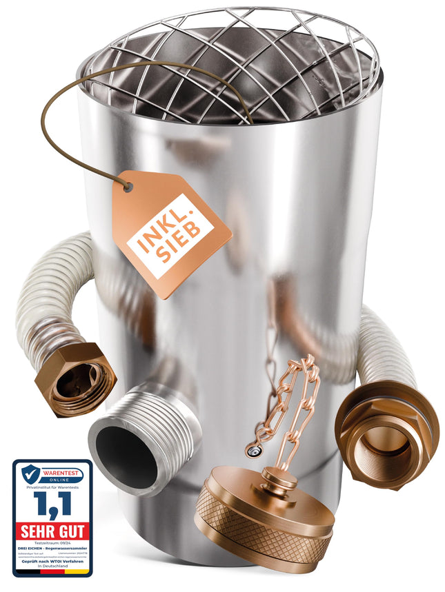 Rainwater collector with strainer for 100mm downpipes | increased yield | stainless steel | long 0.5m hose + barrel connection | downpipe rainwater collector | rainwater collector for 100mm downpipes, rain barrels - Drei Eichen