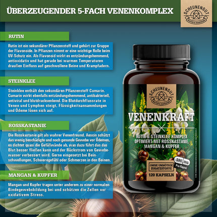VENENKRAFT® Rutin Sweet Clover Capsules High Dosage - IMPORTANT: Laboratory-tested vein complex with rutin, sweet clover, horse chestnut extract, manganese, copper &amp; more | 120 pcs -DE- SCHEUNENGUT®