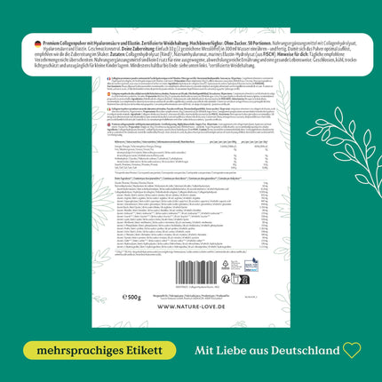 NATURE LOVE® Premium Collagen Powder with Hyaluronic Acid and Elastin - 500g Collagen - Peptides Type 1 and 3 - Tasteless - Collagen from pasture-fed cattle - Laboratory-tested