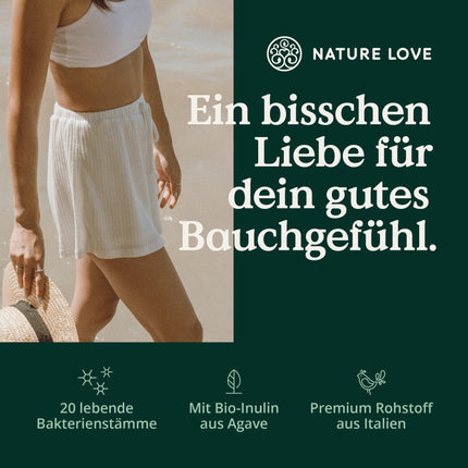 NATURE LOVE® Probiona PLUS - 120 billion CFU per daily dose (high-dose) - 20 bacterial strains + organic inulin - 60 gastro-resistant capsules - vegan, developed in Germany, branded raw material from Italy