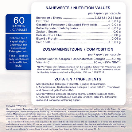 Pharmavital UC-II Native Collagen, 60 Capsules, High-Dose Collagen Capsules from Germany, Collagen-Vitamin C Combination Supplement