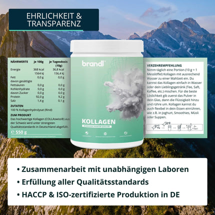 Collagen powder from Swiss pasture-fed farming | Tasteless &amp; independently laboratory-tested | 550g Premium Collagen Powder from brandl® &amp; Collaswiss®