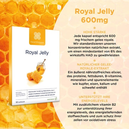 Healthspan Royal Jelly 600 mg | Reduces tiredness and fatigue | Nutritious nectar | Added vitamin B2 | Contains at least 6% HDA | Vegetarian | 90 Capsules