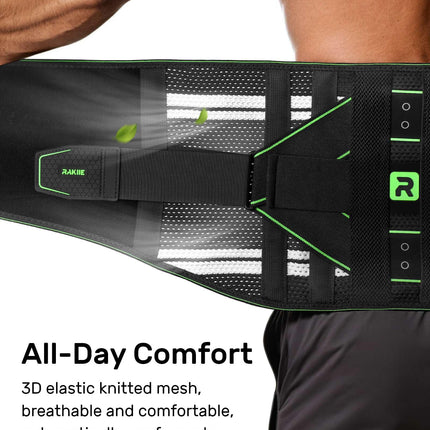 Rakiie Back Support Belt for Men and Women, 8-Way Lumbar Support with 3D Pad and Massage, Breathable Back Brace for Back Pain Relief (XL)