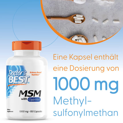 Doctor's Best, MSM with OptiMSM, 180 Capsules, 3000mg MSM per dose, Gluten-free, GMO-free, Tasteless