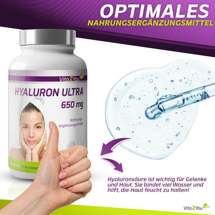 Vita2You Hyaluronic Acid Ultra 650mg - 90 vegan capsules - plant-based from fermentation - 500-700 kDa - High dosage - 3-month supply - no additives - Hyaluron - Premium quality