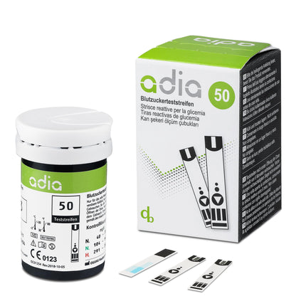 Diabetic value pack: adia 50 blood glucose test strips + 100 blood lancets (universal lancets) for blood glucose measurement with the adia blood glucose meter