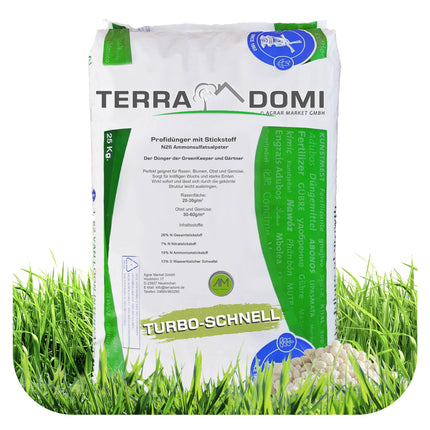 Turbo Fast Green 25kg Lawn Fertilizer Spring and Summer | N26 Nitrogen Fertilizer | Ideal for Heat Stress | Healthy, Green Lawn Thanks to Growth Booster | Fertilizer for Lawns, Flowers, Fruit &amp; Vegetables