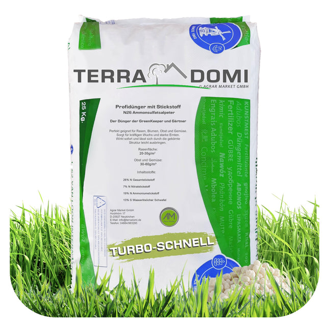 Turbo Fast Green 25kg Lawn Fertilizer Spring and Summer | N26 Nitrogen Fertilizer | Ideal for Heat Stress | Healthy, Green Lawn Thanks to Growth Booster | Fertilizer for Lawns, Flowers, Fruit &amp; Vegetables