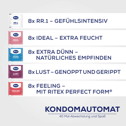 Ritex condom dispenser – condom sample pack of 40, condom dispenser with 5 different Ritex condoms for variety &amp; fun – vegan condoms, dermatologically tested, Made in Germany