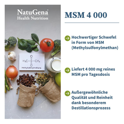 NatuGena MSM 4000, 4,000 mg pure methylsulfonylmethane (MSM) per daily dose, derived from the raw material OptiMSM, 150 capsules (30-day pack)