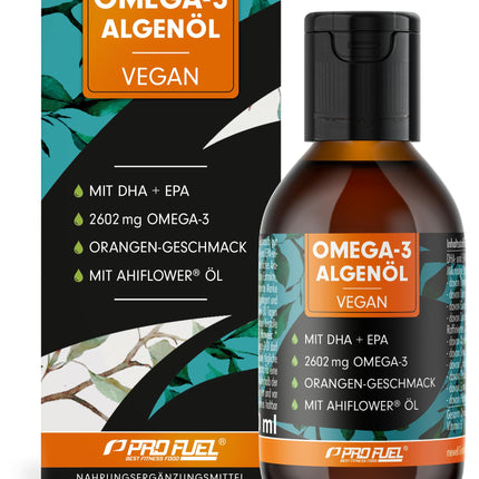 Omega-3 algae oil 100 ml - high dose with 3665 mg algae oil, of which 1203 mg DHA &amp; 667 mg EPA - vegan Omega-3 oil + Ahiflower® oil with a pleasant orange flavor - laboratory-tested with certificate