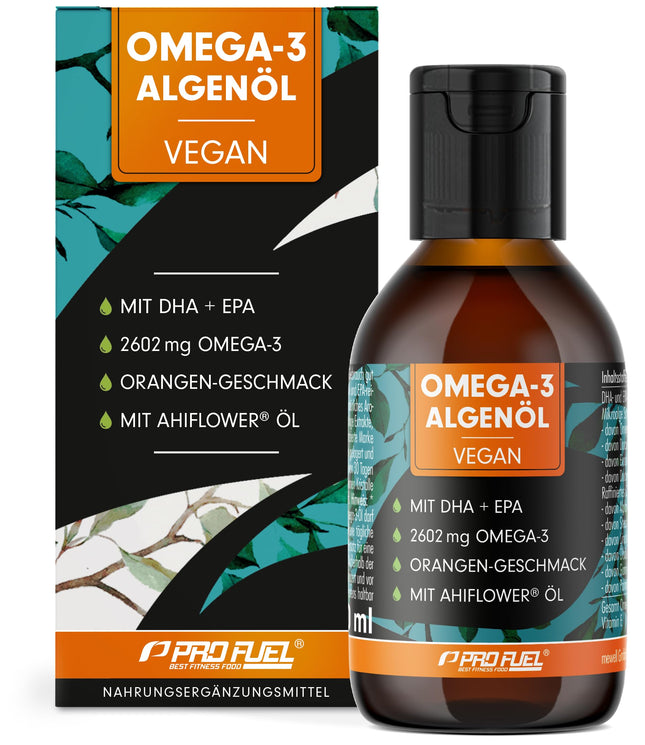 Omega-3 algae oil 100 ml - high dose with 3665 mg algae oil, of which 1203 mg DHA &amp; 667 mg EPA - vegan Omega-3 oil + Ahiflower® oil with a pleasant orange flavor - laboratory-tested with certificate