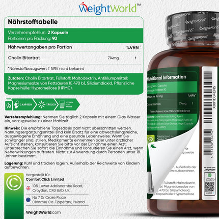 Choline Capsules - 714mg per serving - Liver Function, Homocysteine ​​&amp; Lipid Metabolism (EFSA) - 180 vegan capsules for a 3-month supply - Choline Bitartrate by WeightWorld