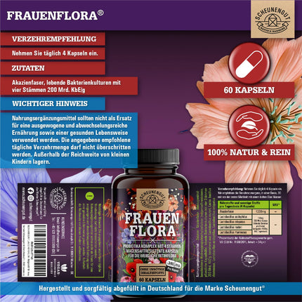 FRAUENFLORA® Intimate Flora Complex 200 billion CFU/g - IMPORTANT: Laboratory-tested 4 bacterial strains: Lactobacillus reuteri, rhamnosus, crispatus, acidophilus - Enteric-coated - SCHEUNENGUT®