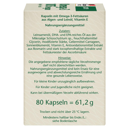 Doppelherz pure Omega-3 1075 vegan - Algae oil + linseed oil - Alpha-linolenic acid contributes to the maintenance of normal cholesterol levels - 80 capsules