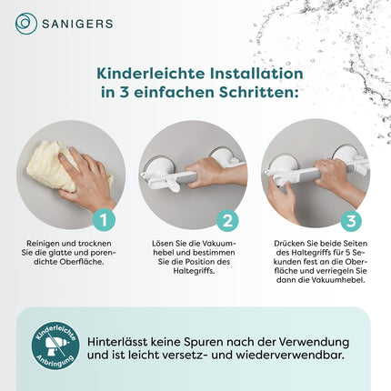 SANIGERS® Grab bar with suction cup - Extra strong hold 110 KG - Grab bar for shower without drilling, grab bars for seniors, bathtub handle without drilling, shower handle with suction cup, suction handle bathroom