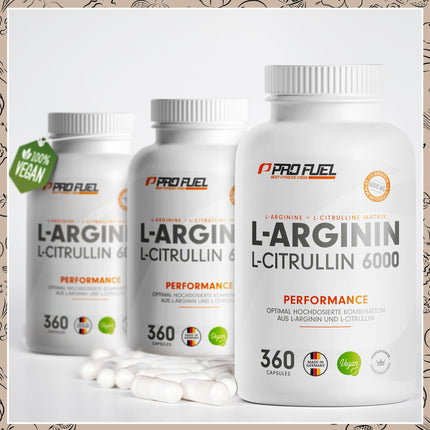 L-Arginine + L-Citrulline Malate Capsules 360x - optimally dosed with 6000 mg per day from L-Arginine (2400 mg) + L-Citrulline Malate (3600 mg) - no additives - laboratory-tested with certificate - vegan