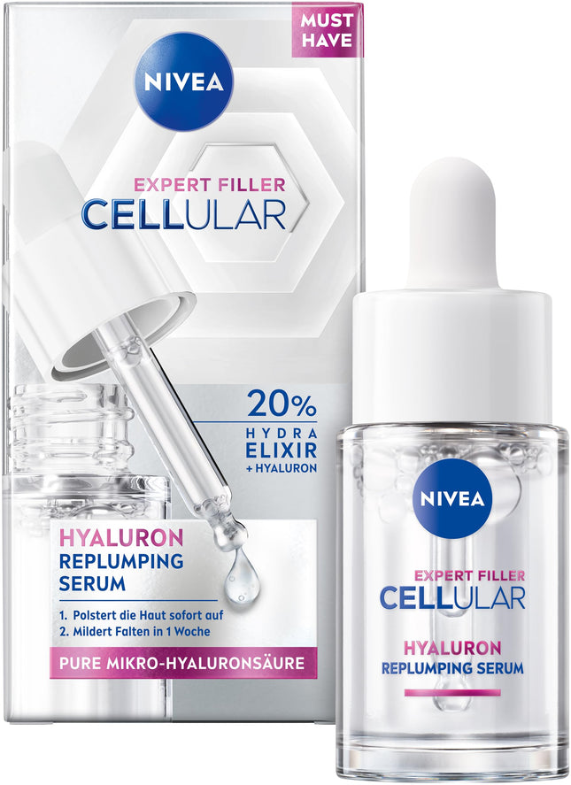 NIVEA Cellular Expert Filler Replumping Hyaluronic Acid Serum, light and fast-absorbing serum with pure hyaluronic acid, facial care for reduced wrinkles in one week (15 ml)