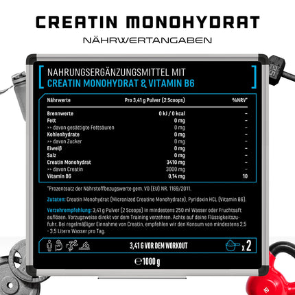 Creatine Powder - 1 kg / 1000 g - Pure Creatine Monohydrate - Optimal Solubility - Vegan - No Additives - Pure Powder - German Elite Nutrition
