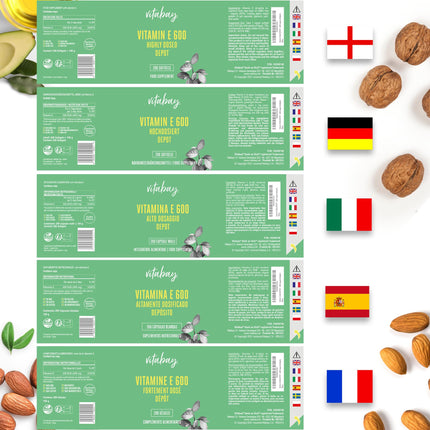 Vitabay Vitamin E 600 IU Depot High Dose - 200 Vitamin E Capsules Vegan &amp; Laboratory Tested with Tocopherol and Tocotrienol - Vit E contributes to the protection of cells from oxidative stress