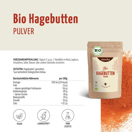 Organic rosehip powder 1000g | whole rosehip ground | fruity, sweet and spicy aroma | 100% organic rosehip powder in raw food quality | from Achterhof