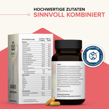 edubily nutrition® Multivitamin Capsules with vitamins, minerals &amp; trace elements such as chromium, iodine, copper, manganese, molybdenum, PQQ, Q10, selenium, zinc, without iron - 90 small capsules (Multi with iodine)