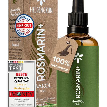 Heldengrün® ORGANIC Rosemary+ Hair Oil [HIGH DOSE] Dermatologically tested - Natural hair booster with jojoba &amp; rosemary - Rosemary oil for hair - Essential oil blend
