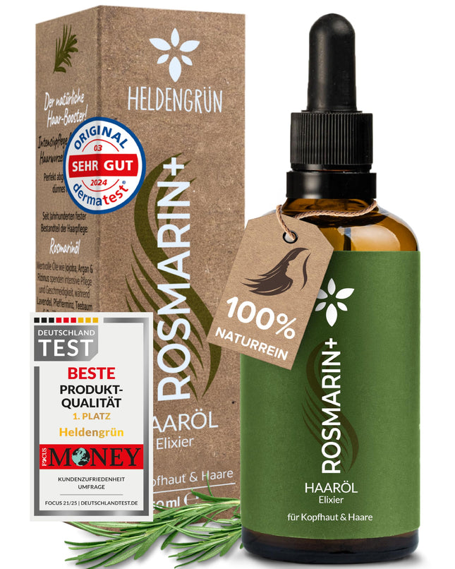 Heldengrün® ORGANIC Rosemary+ Hair Oil [HIGH DOSE] Dermatologically tested - Natural hair booster with jojoba &amp; rosemary - Rosemary oil for hair - Essential oil blend