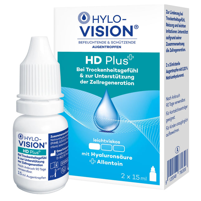 Hylo-Vision HD Plus eye drops – Moisturizing and protecting dry and irritated eyes, supporting cell regeneration, slightly viscous, suitable for contact lenses, 2 x 15 ml