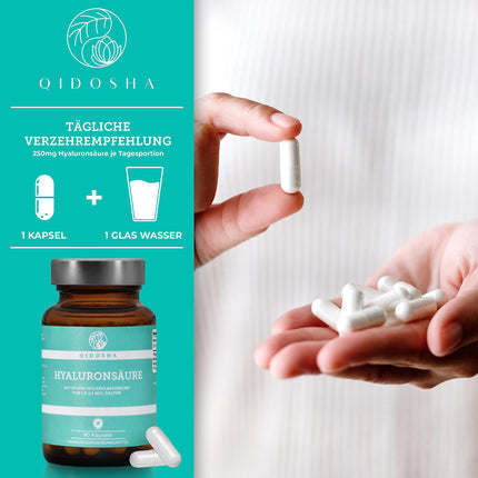 QIDOSHA® Premium Hyaluronic Acid Capsules, TEST WINNER 07/23*, high molecular weight of 1.5-2 million Daltons (common market: 0.5 million), 250 mg/capsule, 90 pcs/pharmacy jar, vegan, naturally fermented