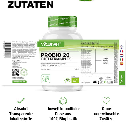 Probio 20 - Culture Complex with 20 bacterial strains + organic inulin - 180 gastro-resistant capsules Bright JC Caps® - 21 billion lactic acid bacteria per daily dose - High dosage - Vegan -