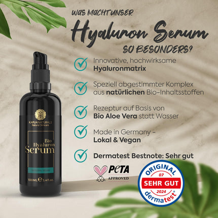 Organic hyaluronic serum with high dosage • 100ml + Vit E &amp; B5 • 7-fold hyaluronic acid serum for the face ✓100% vegan &amp; organic ✓Anti-aging concentrate ✓Anti-wrinkle serum natural cosmetics ✓Made in Germany ✓Hyaluronic acid serum