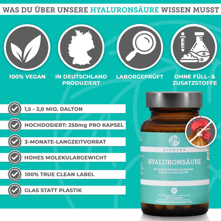 QIDOSHA® Premium Hyaluronic Acid Capsules, TEST WINNER 07/23*, high molecular weight of 1.5-2 million Daltons (common market: 0.5 million), 250 mg/capsule, 90 pcs/pharmacy jar, vegan, naturally fermented