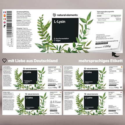L-Lysine – 365 Capsules – 800mg pure L-Lysine from 1000mg L-Lysine HCl/day – From plant fermentation – Non-GMO – Vegan, optimally dosed, without unnecessary additives