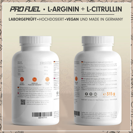 L-Arginine + L-Citrulline Malate Capsules 360x - optimally dosed with 6000 mg per day from L-Arginine (2400 mg) + L-Citrulline Malate (3600 mg) - no additives - laboratory-tested with certificate - vegan