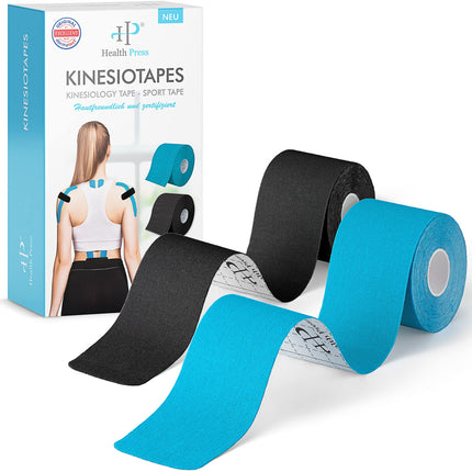 Health Press® Kinesiotapes - 2 Kinesiology Tape Rolls Blue + Black (5cm x 5m) Kinesiotape - Professional Physio Tape and Sports Tape - Skin-friendly Tapes DERMATEST: VERY GOOD