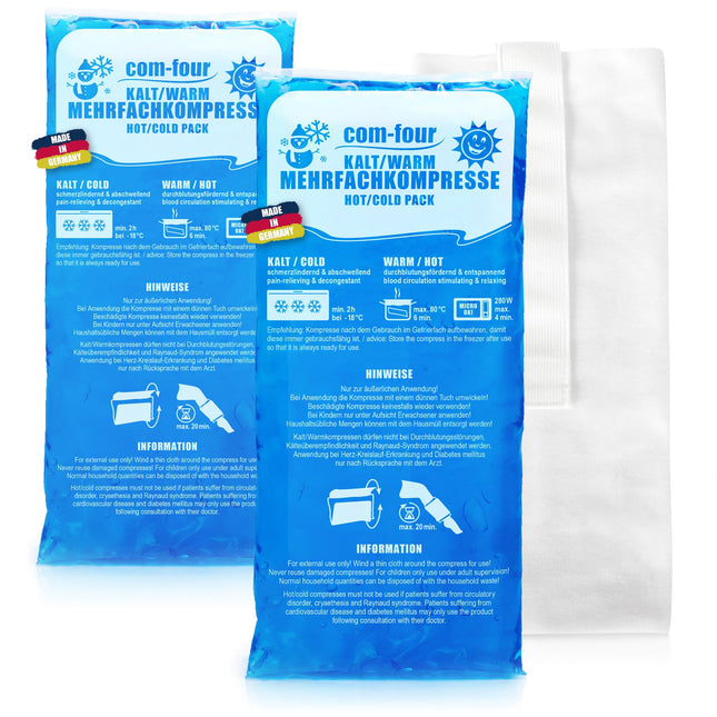 com-four® 2X Large multiple compresses 29 x 12 cm with premium reusable fleece cover, cold and warm compresses with gel cooling pack, protective cover with elastic band, microwave-safe - Made in Germany