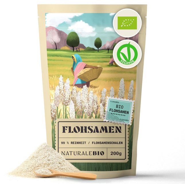 NaturaleBio Psyllium Husks Ground, 99% Purity, 200g Natural Organic Psyllium Seed Husks, Natural, Pure, High in Fiber, Vegan, For Dissolving in Water, Drinks and Juices.