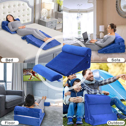WDBBYL Bed Wedge Pillow Set, 4-Piece Sleeping Elevator Support for Post Surgery Recovery, Acid Reflux, GERD, Snoring, Washable Velvet Cover, Blue