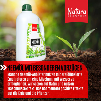 Natura Germania® Neem oil 1000ml with soap nut extract with spray bottle and measuring cup - Makes 100 liters of ready-to-spray solution - Neem spray for natural plant care for houseplants/garden plants