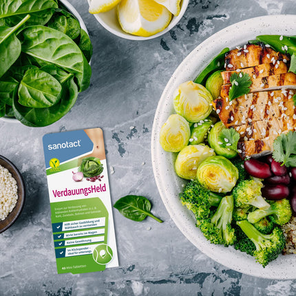 sanotact Digestive Hero (40 mini tablets) • For bloating, flatulence, feeling of fullness. Digestive tablets in a click dispenser for on the go. • Supports digestion.